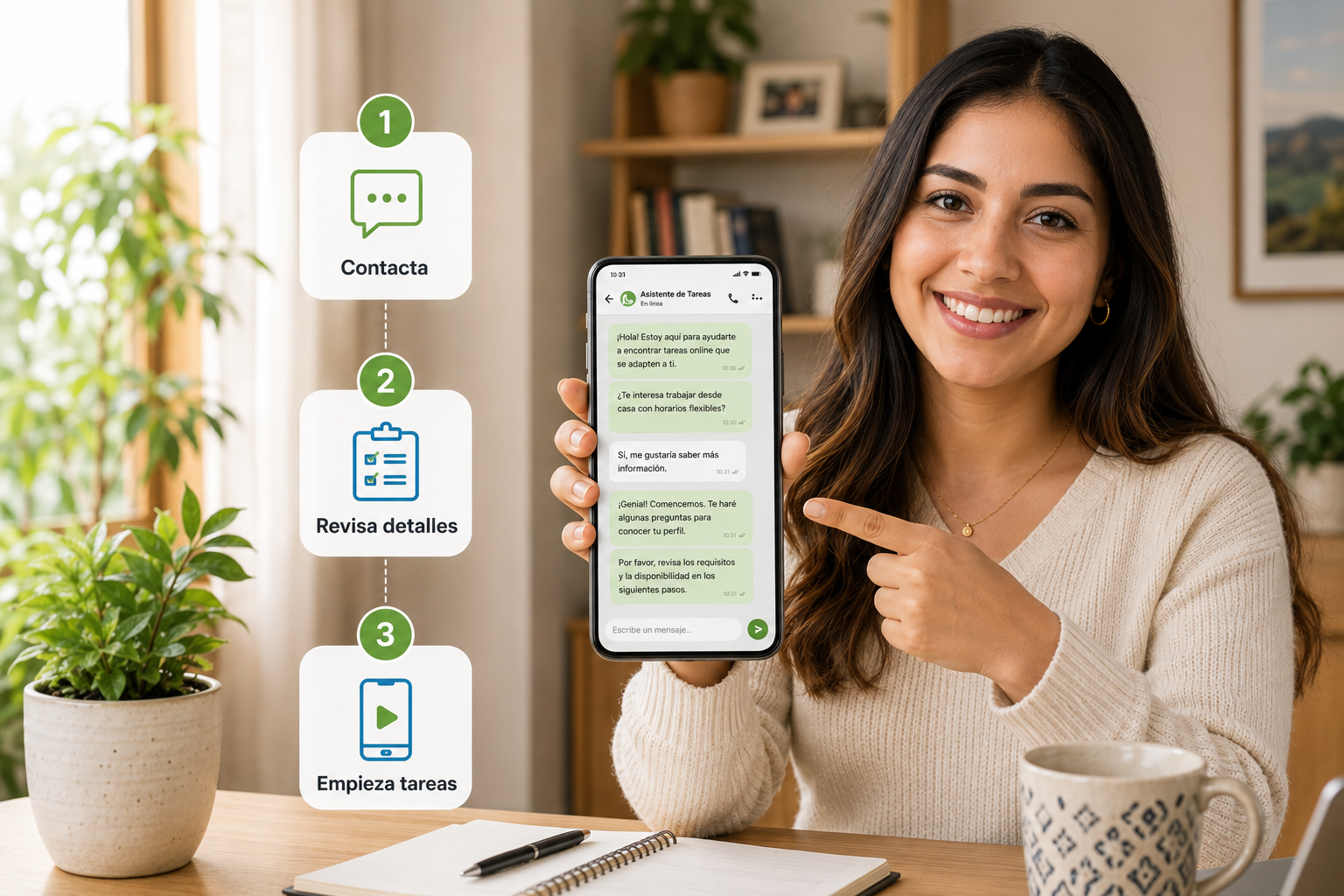 Postulante en Perú contactando al equipo por WhatsApp para un trabajo remoto
